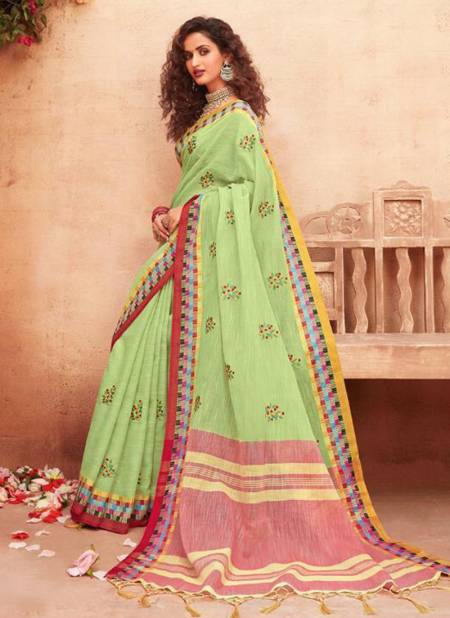 Green Colour STYLEWELL ANOKHI Fancy Designer Festive Wear Jacquard Linen Exclusive Embroidery Stylish Saree Collection 756
